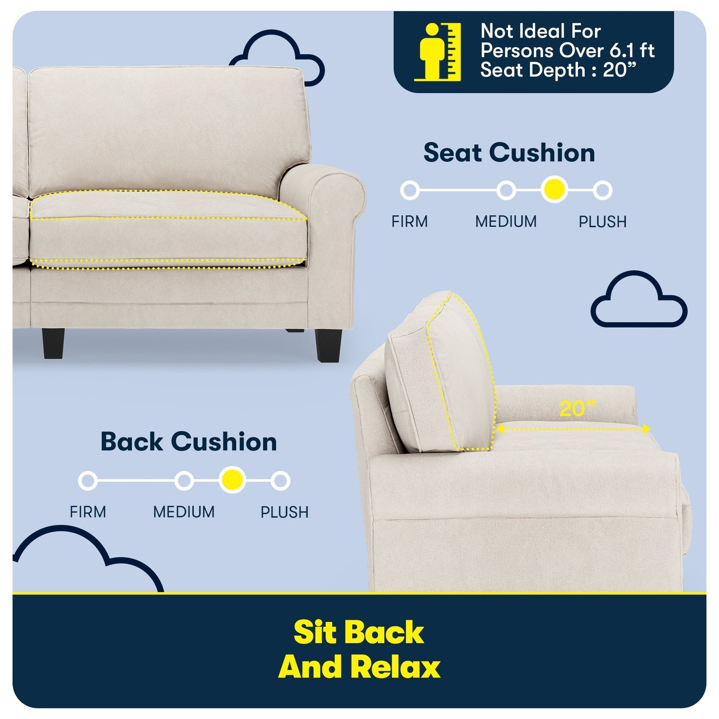 Canapé Serta Copenhagen 78 à accoudoirs roulés, polyester facile d'entretien, dossier moelleux, coussins d'assise à ressorts ensachés