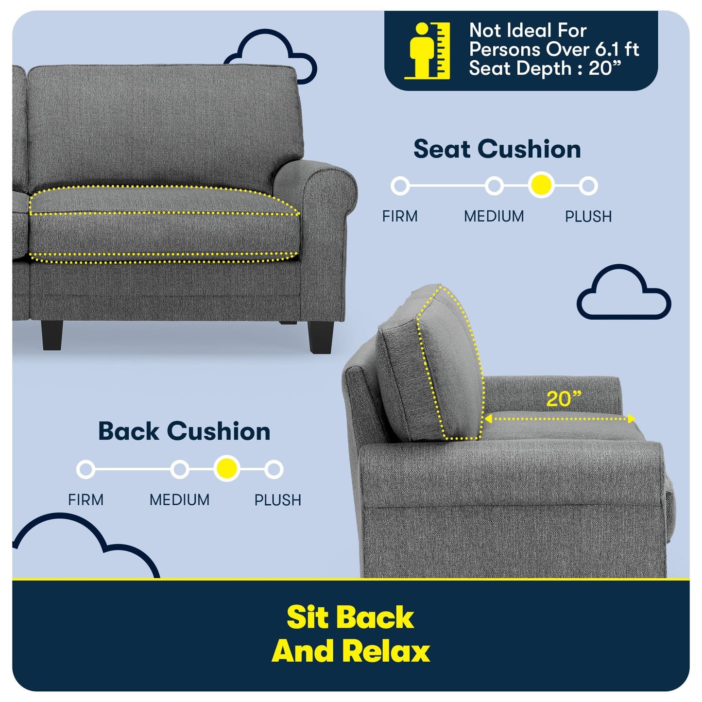 Canapé Serta Copenhagen 78 à accoudoirs roulés, polyester facile d'entretien, dossier moelleux, coussins d'assise à ressorts ensachés