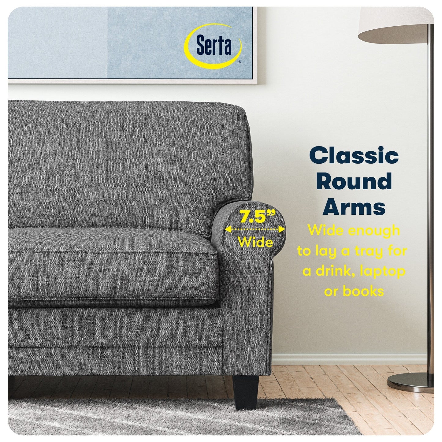 Canapé Serta Copenhagen 78 à accoudoirs roulés, polyester facile d'entretien, dossier moelleux, coussins d'assise à ressorts ensachés