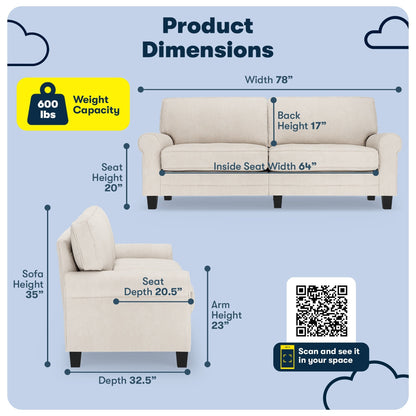 Canapé Serta Copenhagen 78 à accoudoirs roulés, polyester facile d'entretien, dossier moelleux, coussins d'assise à ressorts ensachés