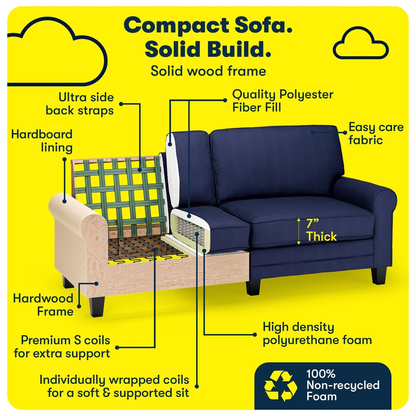 Canapé Serta Copenhagen 78 à accoudoirs roulés, polyester facile d'entretien, dossier moelleux, coussins d'assise à ressorts ensachés