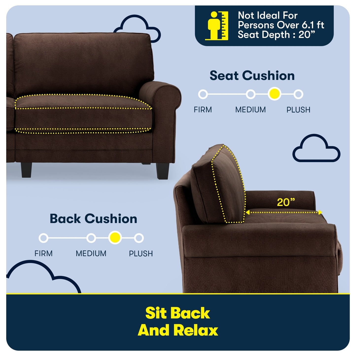 Canapé Serta Copenhagen 78 à accoudoirs roulés, polyester facile d'entretien, dossier moelleux, coussins d'assise à ressorts ensachés