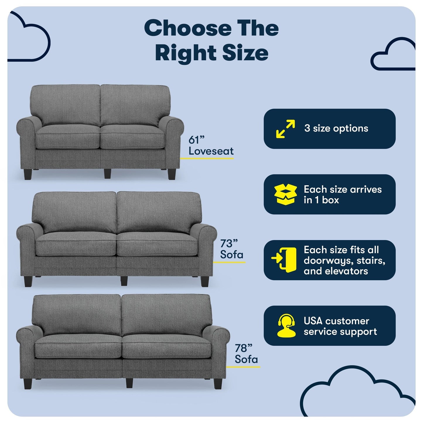 Canapé Serta Copenhagen 78 à accoudoirs roulés, polyester facile d'entretien, dossier moelleux, coussins d'assise à ressorts ensachés