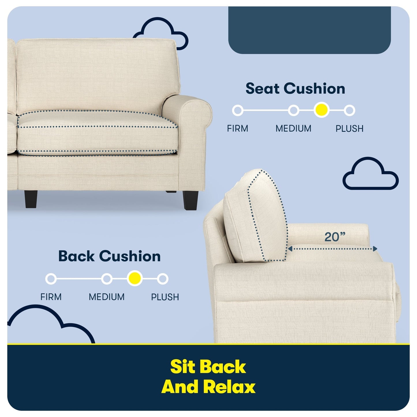 Canapé Serta Copenhagen 78 à accoudoirs roulés, polyester facile d'entretien, dossier moelleux, coussins d'assise à ressorts ensachés