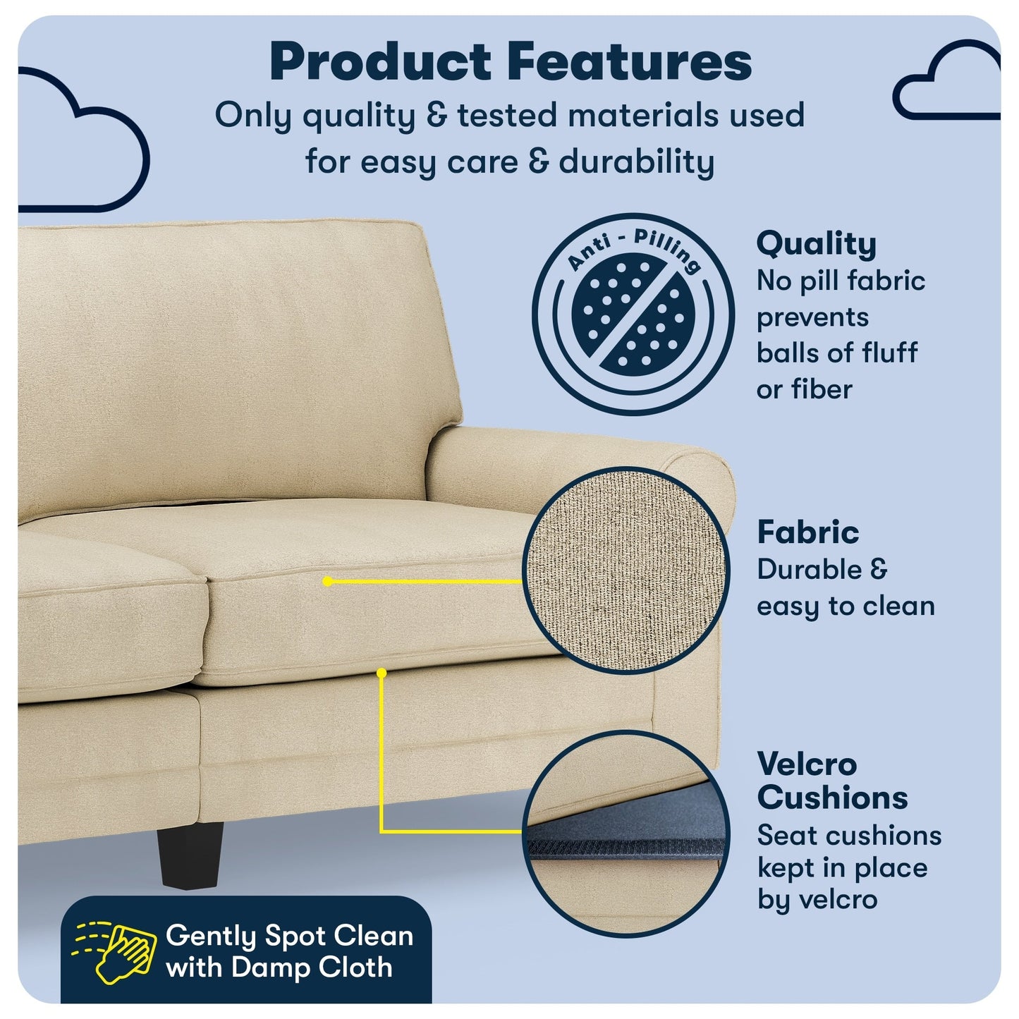 Canapé Serta Copenhagen 78 à accoudoirs roulés, polyester facile d'entretien, dossier moelleux, coussins d'assise à ressorts ensachés