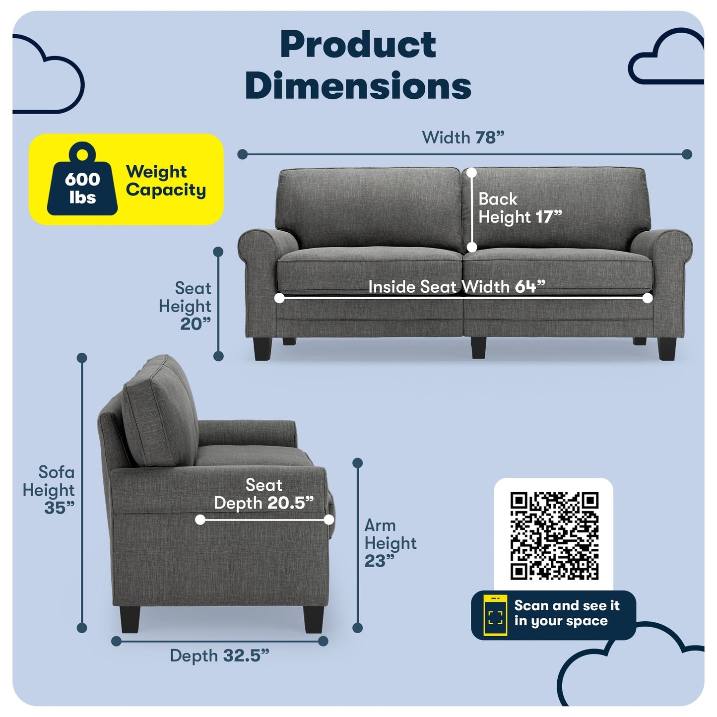 Canapé Serta Copenhagen 78 à accoudoirs roulés, polyester facile d'entretien, dossier moelleux, coussins d'assise à ressorts ensachés