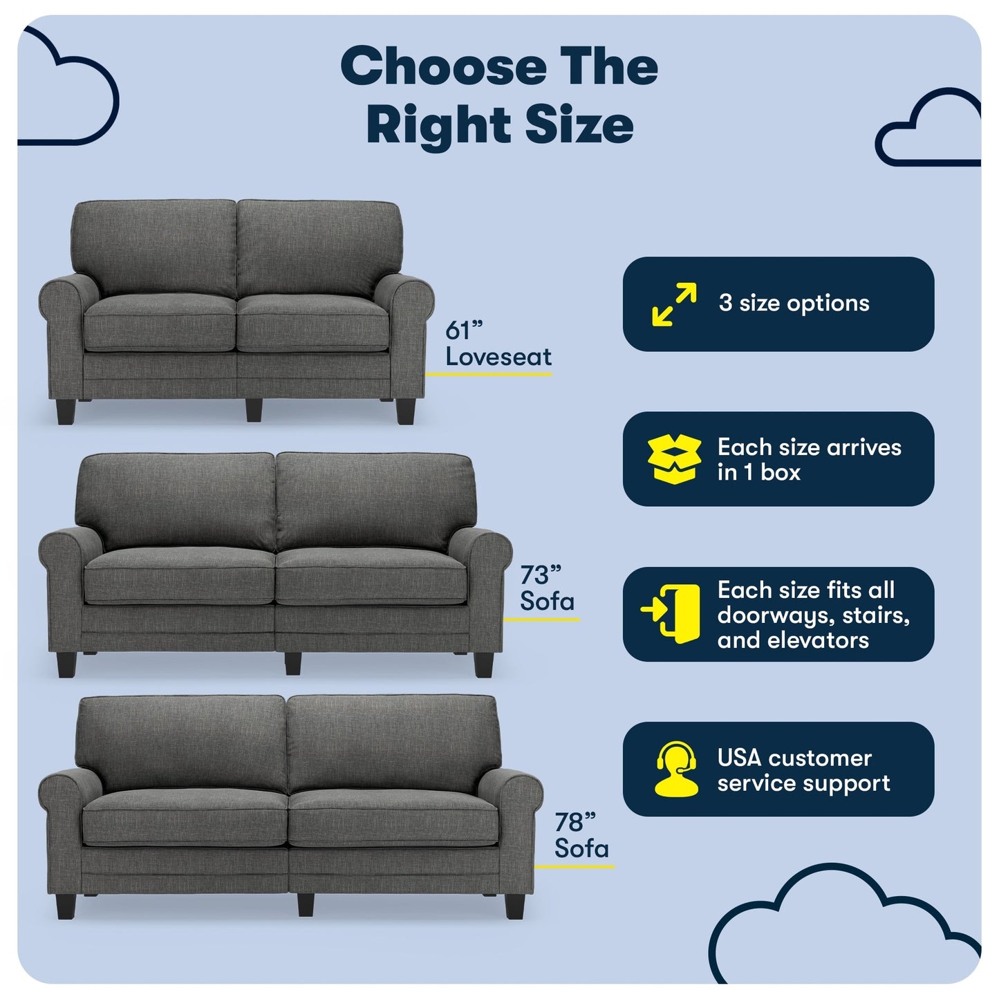 Canapé Serta Copenhagen 78 à accoudoirs roulés, polyester facile d'entretien, dossier moelleux, coussins d'assise à ressorts ensachés