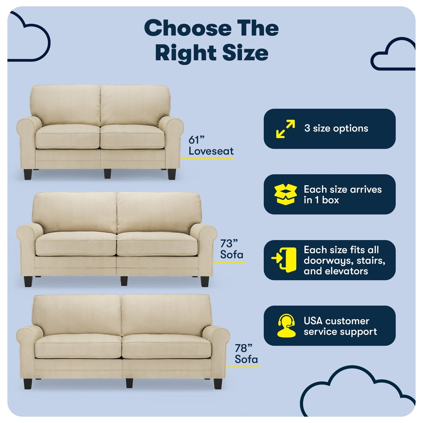 Canapé Serta Copenhagen 78 à accoudoirs roulés, polyester facile d'entretien, dossier moelleux, coussins d'assise à ressorts ensachés