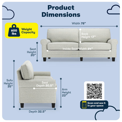 Canapé Serta Copenhagen 78 à accoudoirs roulés, polyester facile d'entretien, dossier moelleux, coussins d'assise à ressorts ensachés