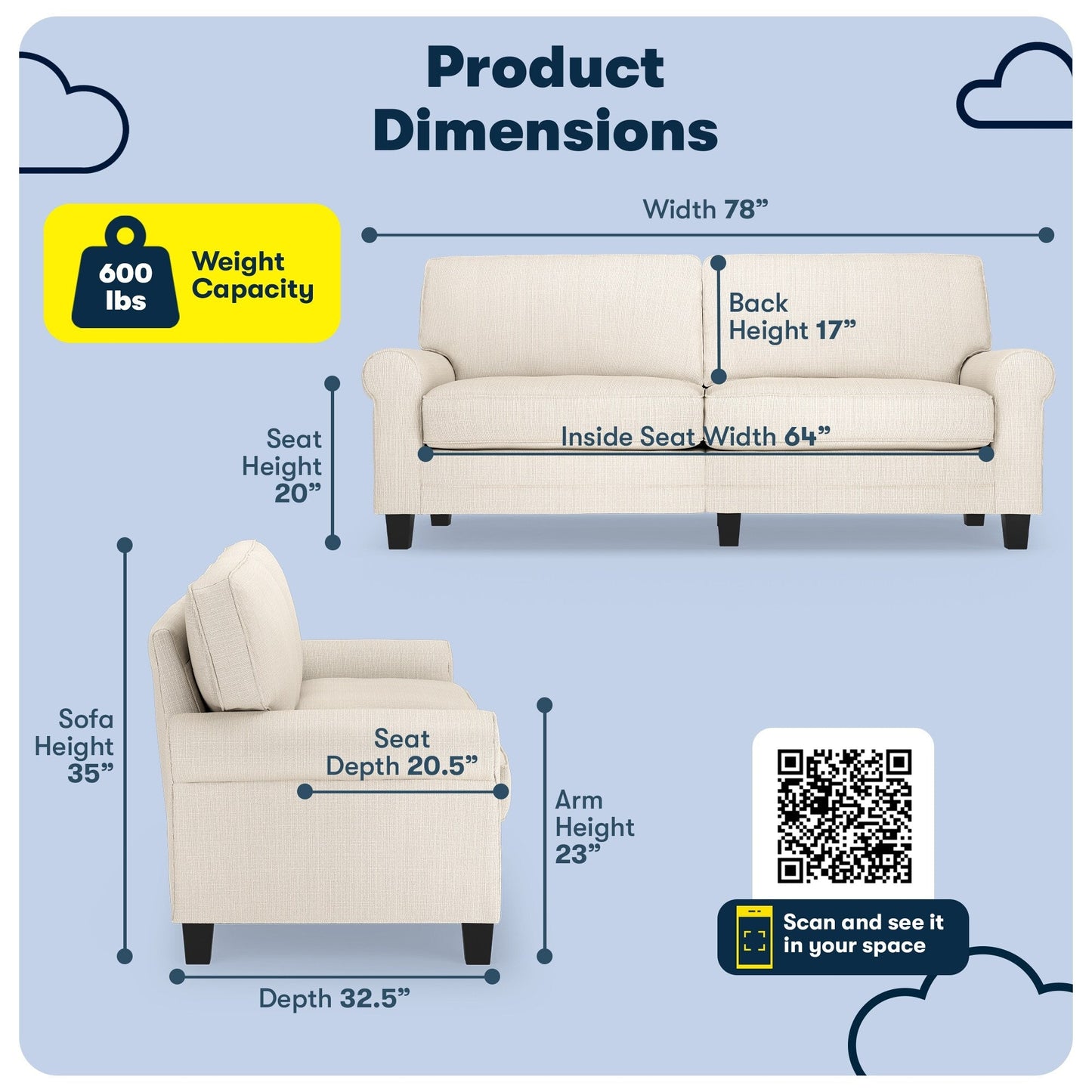 Canapé Serta Copenhagen 78 à accoudoirs roulés, polyester facile d'entretien, dossier moelleux, coussins d'assise à ressorts ensachés