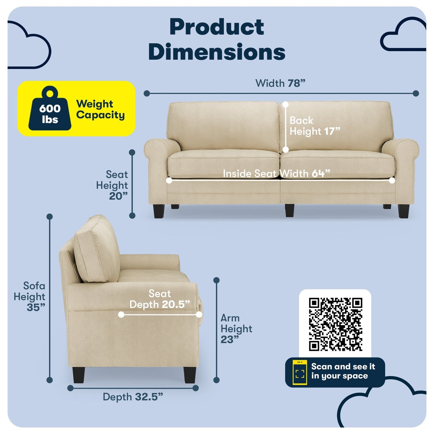 Canapé Serta Copenhagen 78 à accoudoirs roulés, polyester facile d'entretien, dossier moelleux, coussins d'assise à ressorts ensachés