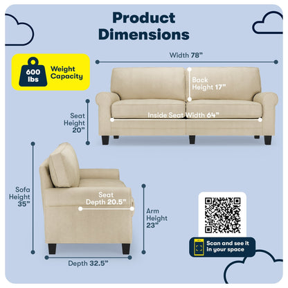 Canapé Serta Copenhagen 78 à accoudoirs roulés, polyester facile d'entretien, dossier moelleux, coussins d'assise à ressorts ensachés