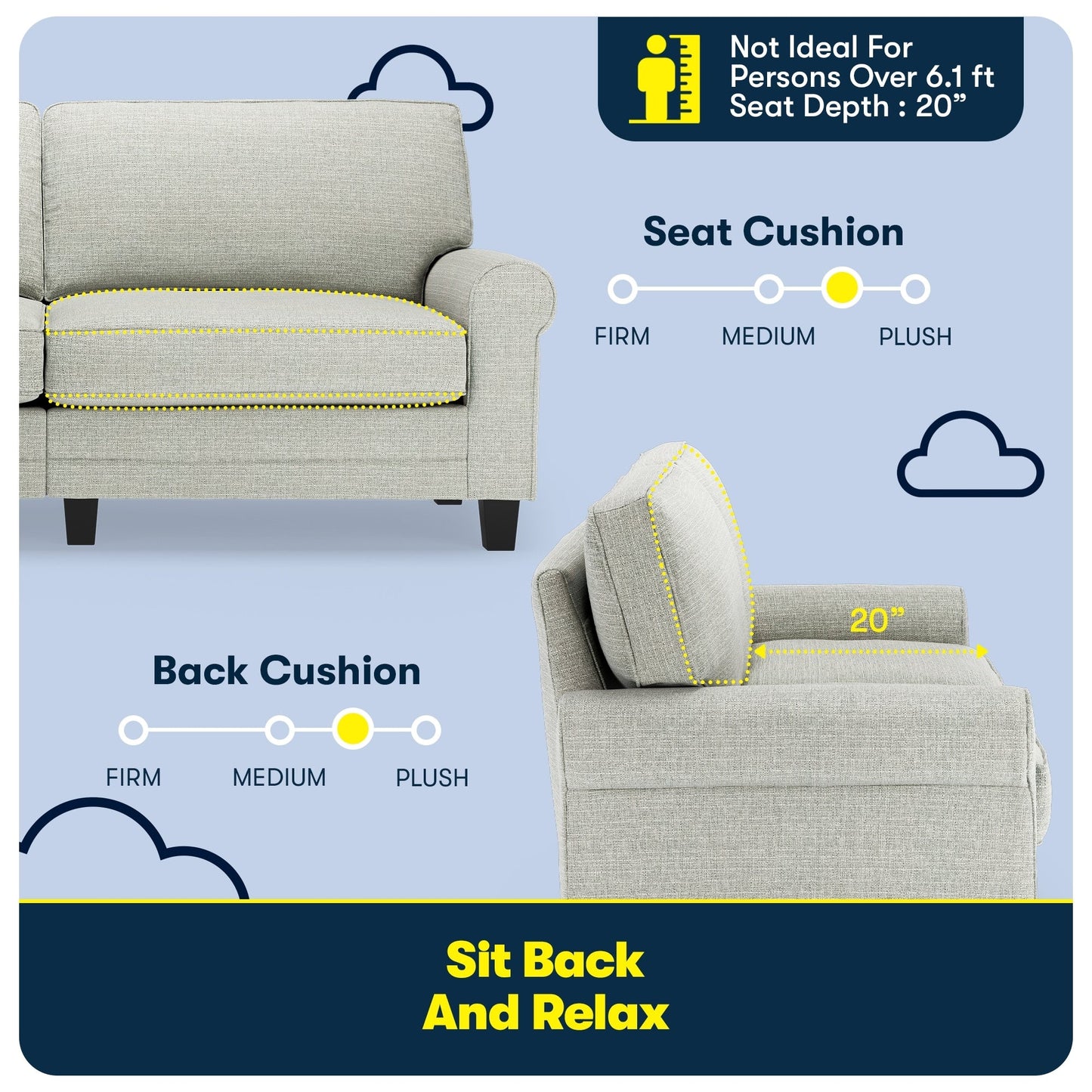 Canapé Serta Copenhagen 78 à accoudoirs roulés, polyester facile d'entretien, dossier moelleux, coussins d'assise à ressorts ensachés