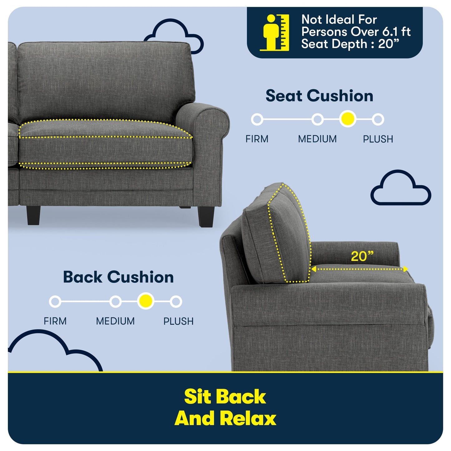 Canapé Serta Copenhagen 78 à accoudoirs roulés, polyester facile d'entretien, dossier moelleux, coussins d'assise à ressorts ensachés