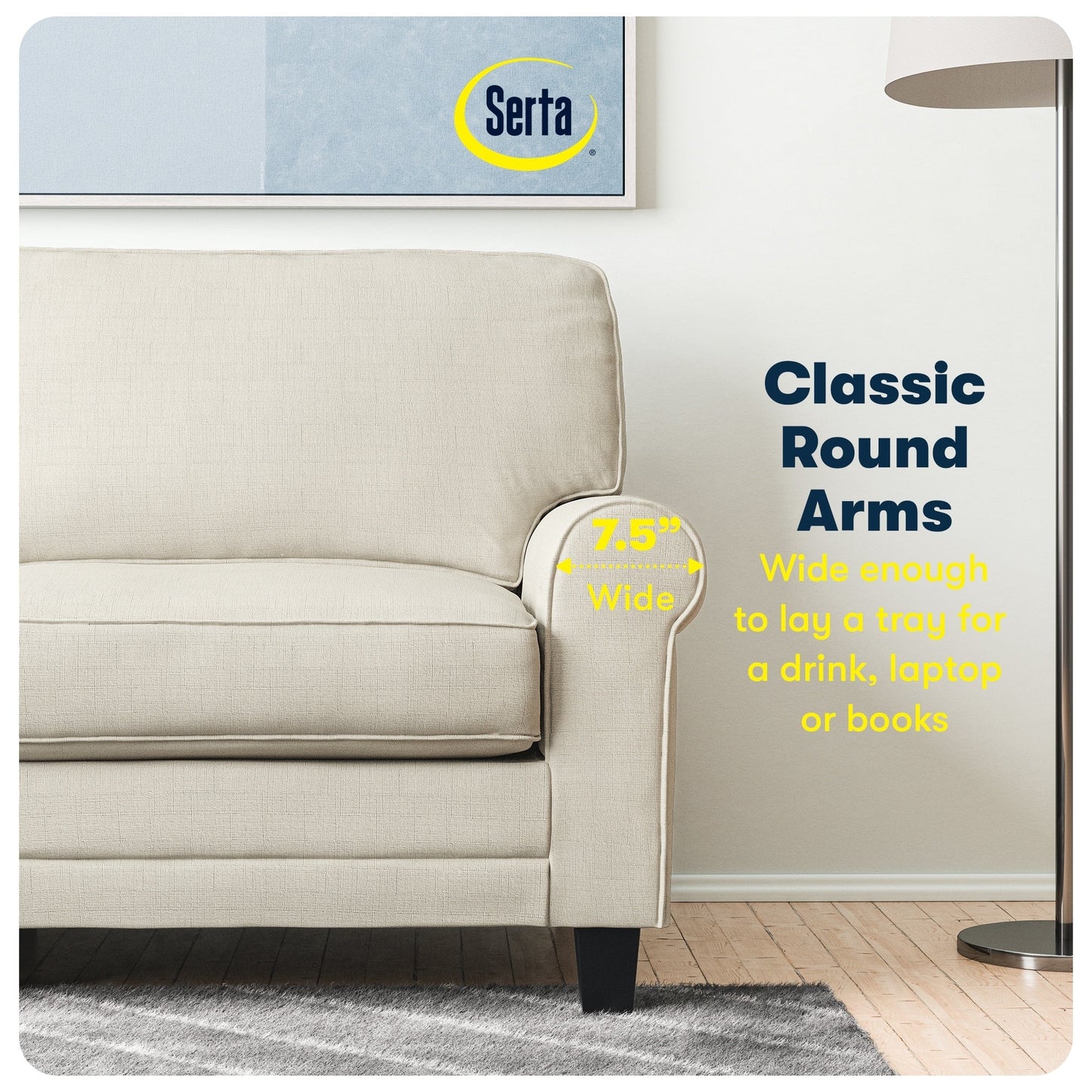 Canapé Serta Copenhagen 78 à accoudoirs roulés, polyester facile d'entretien, dossier moelleux, coussins d'assise à ressorts ensachés