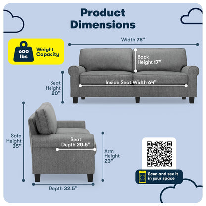 Canapé Serta Copenhagen 78 à accoudoirs roulés, polyester facile d'entretien, dossier moelleux, coussins d'assise à ressorts ensachés