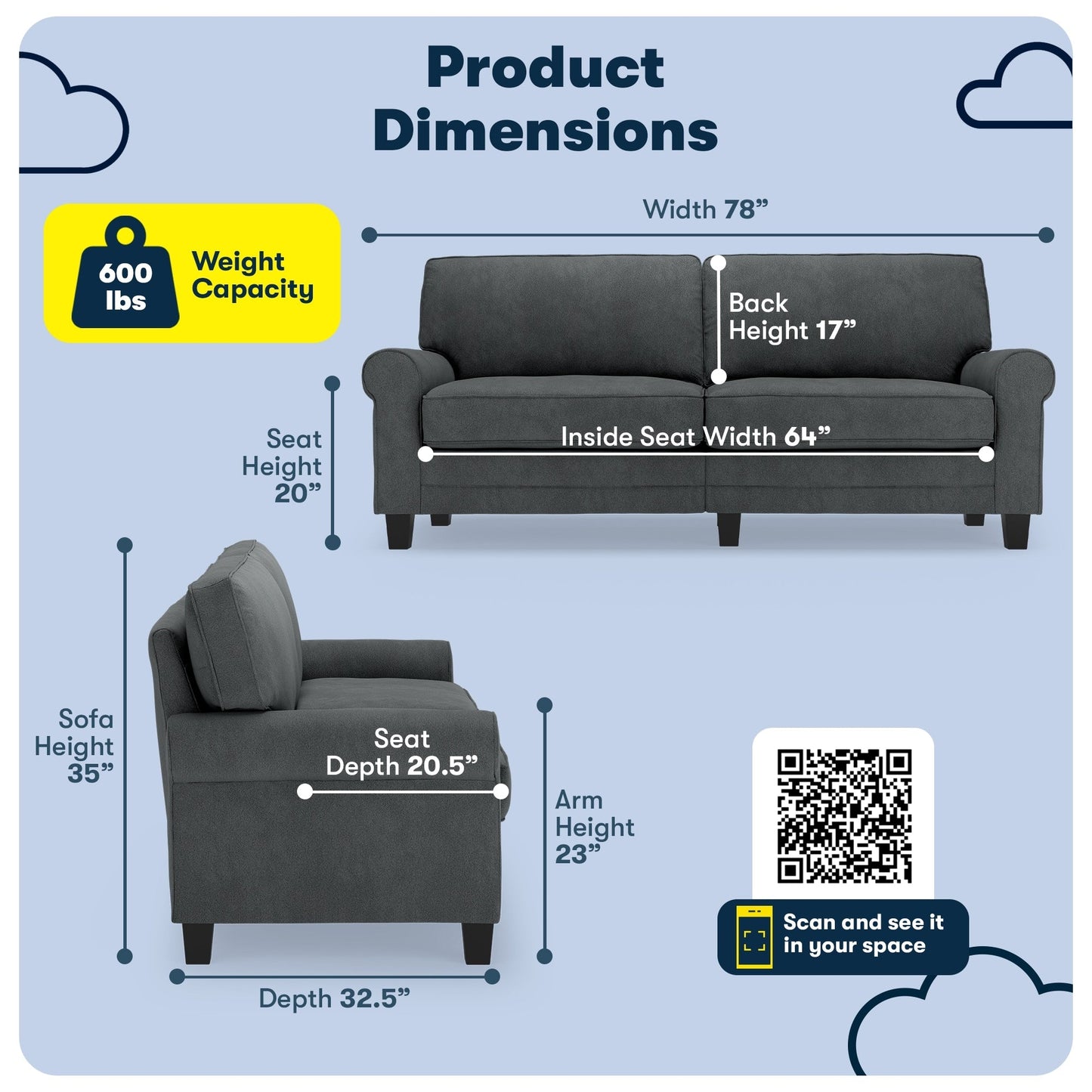 Canapé Serta Copenhagen 78 à accoudoirs roulés, polyester facile d'entretien, dossier moelleux, coussins d'assise à ressorts ensachés