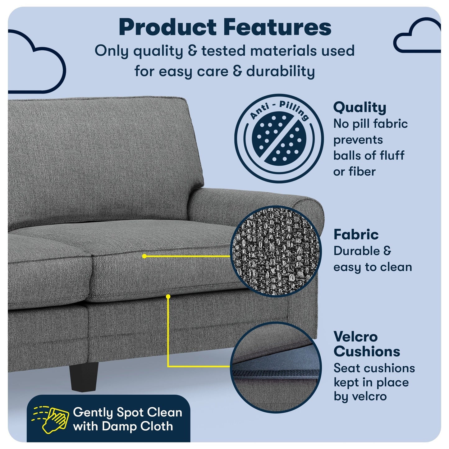 Canapé Serta Copenhagen 78 à accoudoirs roulés, polyester facile d'entretien, dossier moelleux, coussins d'assise à ressorts ensachés