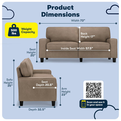 Canapé Serta Palisades 73 avec accoudoirs droits, polyester facile d'entretien, dossier moelleux et coussins d'assise à ressorts ensachés