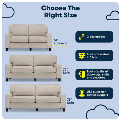 Canapé Serta Palisades 73 avec accoudoirs droits, polyester facile d'entretien, dossier moelleux et coussins d'assise à ressorts ensachés