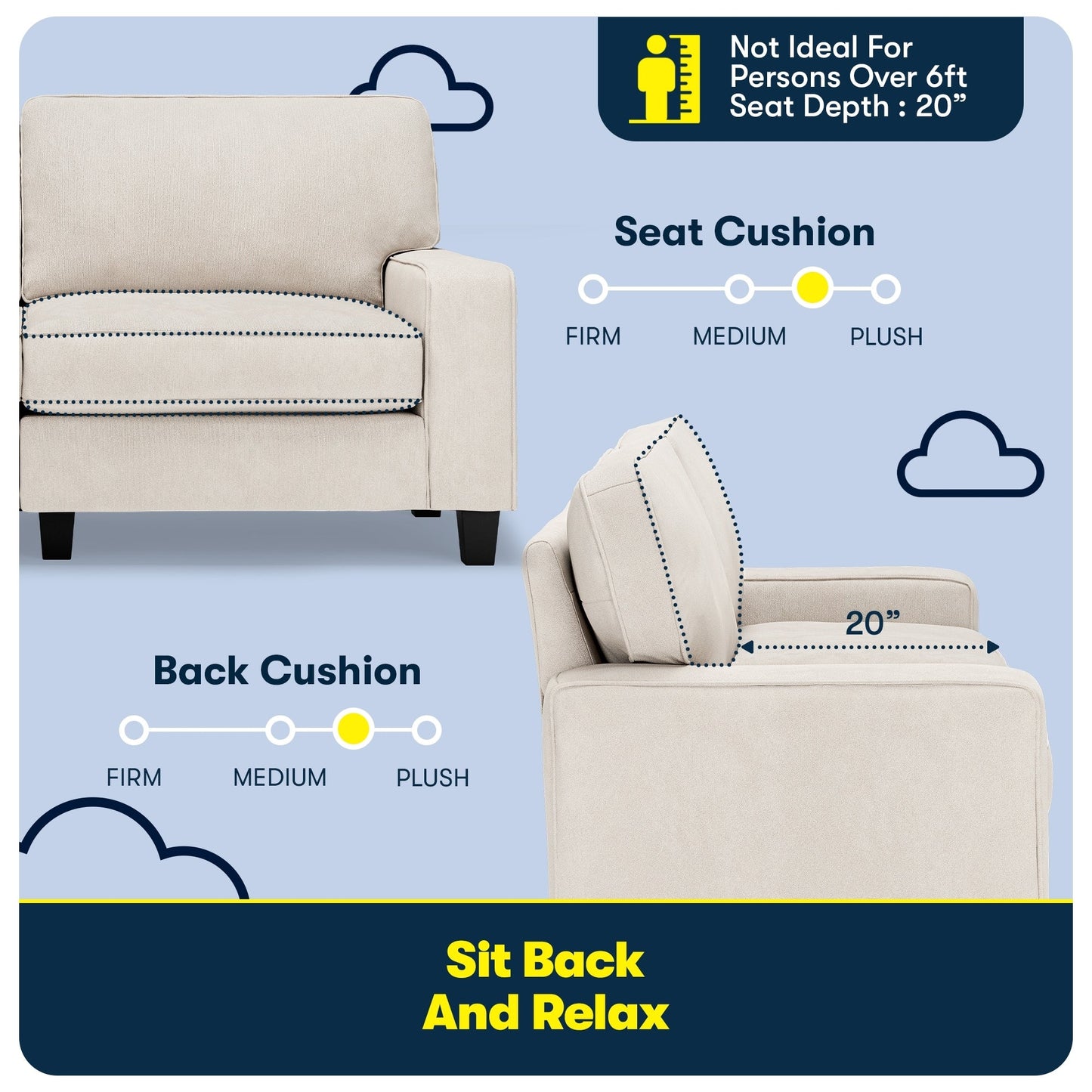 Canapé Serta Palisades 73 avec accoudoirs droits, polyester facile d'entretien, dossier moelleux et coussins d'assise à ressorts ensachés