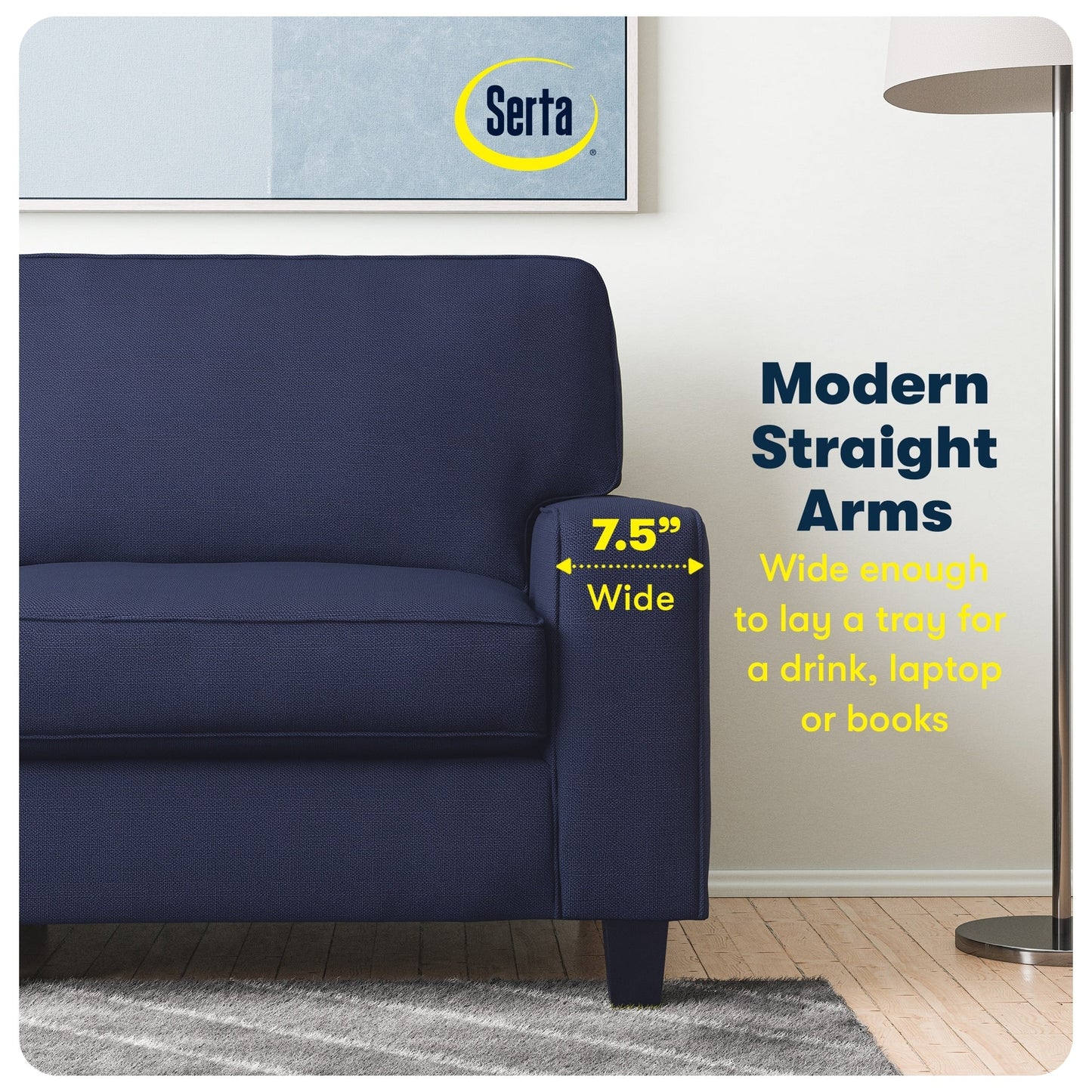 Canapé Serta Palisades 73 avec accoudoirs droits, polyester facile d'entretien, dossier moelleux et coussins d'assise à ressorts ensachés