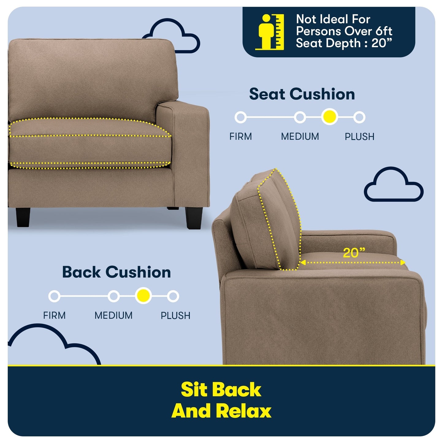 Canapé Serta Palisades 73 avec accoudoirs droits, polyester facile d'entretien, dossier moelleux et coussins d'assise à ressorts ensachés