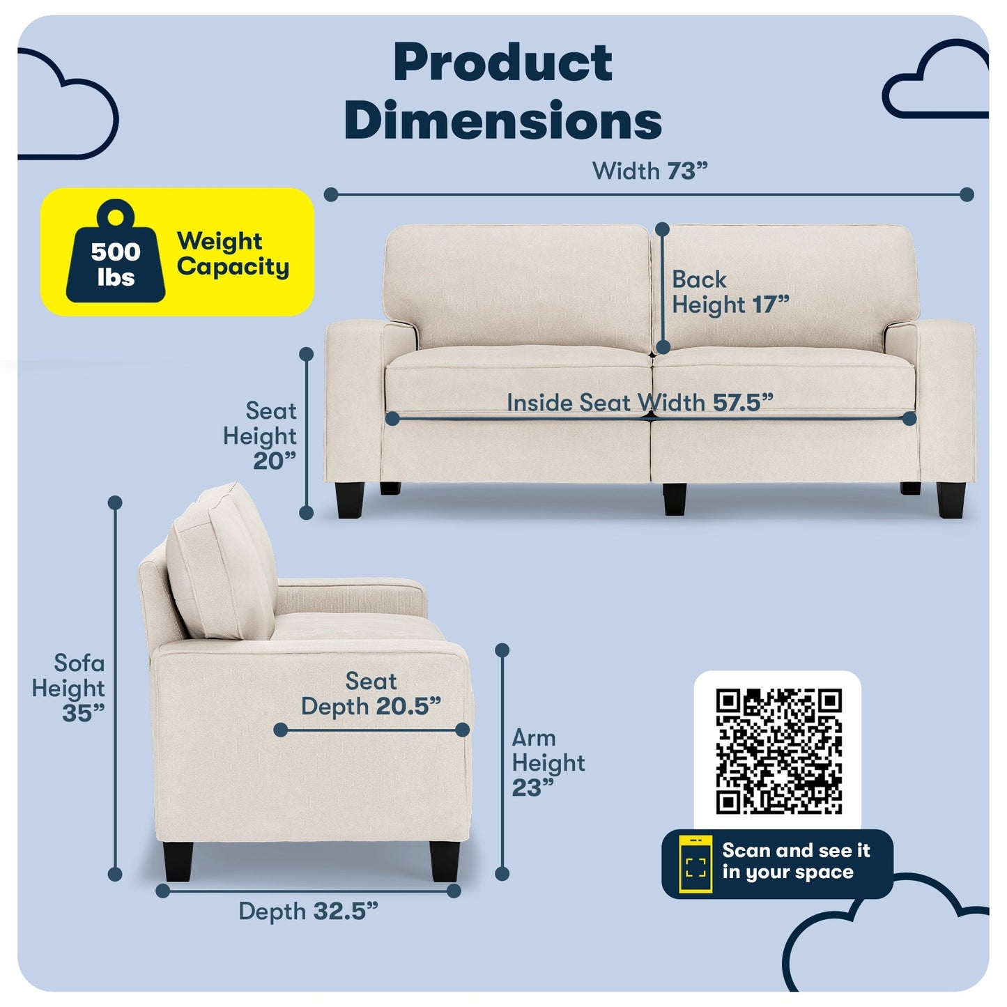 Canapé Serta Palisades 73 avec accoudoirs droits, polyester facile d'entretien, dossier moelleux et coussins d'assise à ressorts ensachés