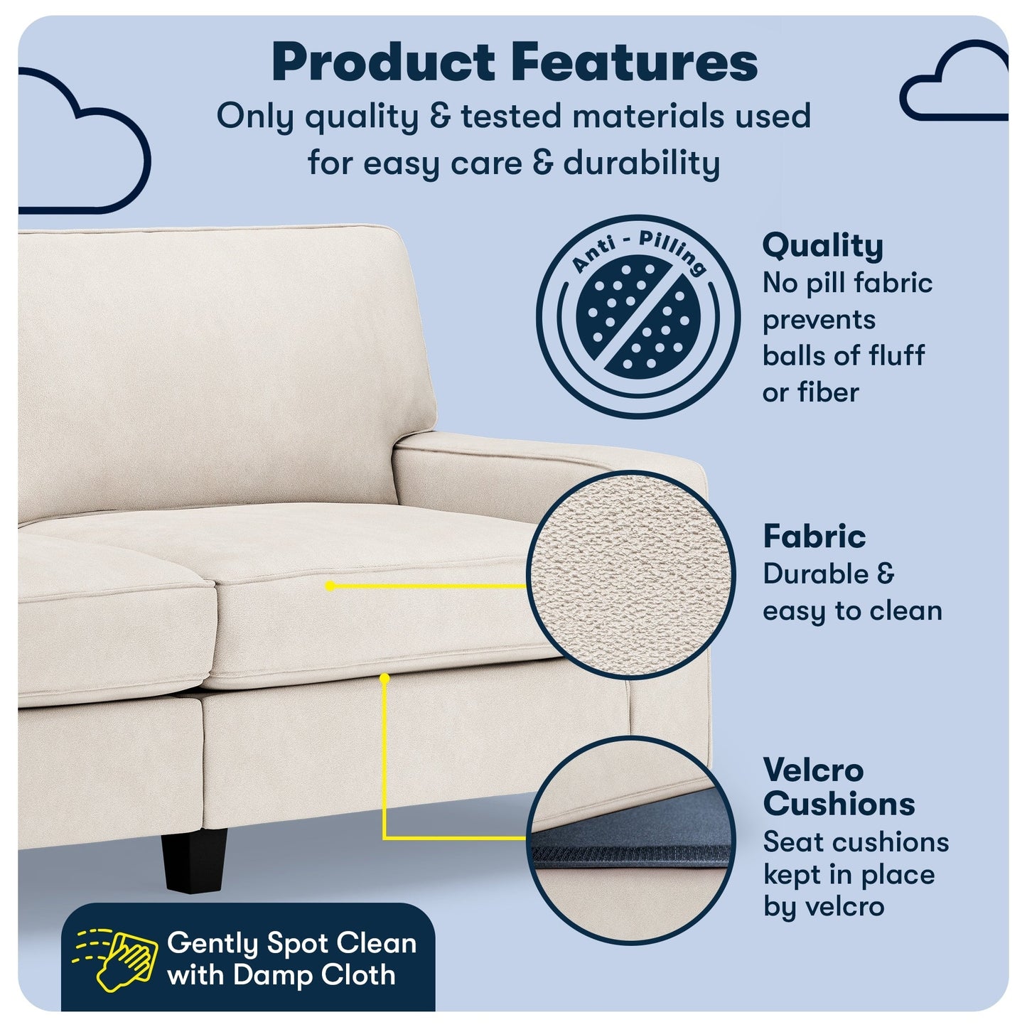 Canapé Serta Palisades 73 avec accoudoirs droits, polyester facile d'entretien, dossier moelleux et coussins d'assise à ressorts ensachés