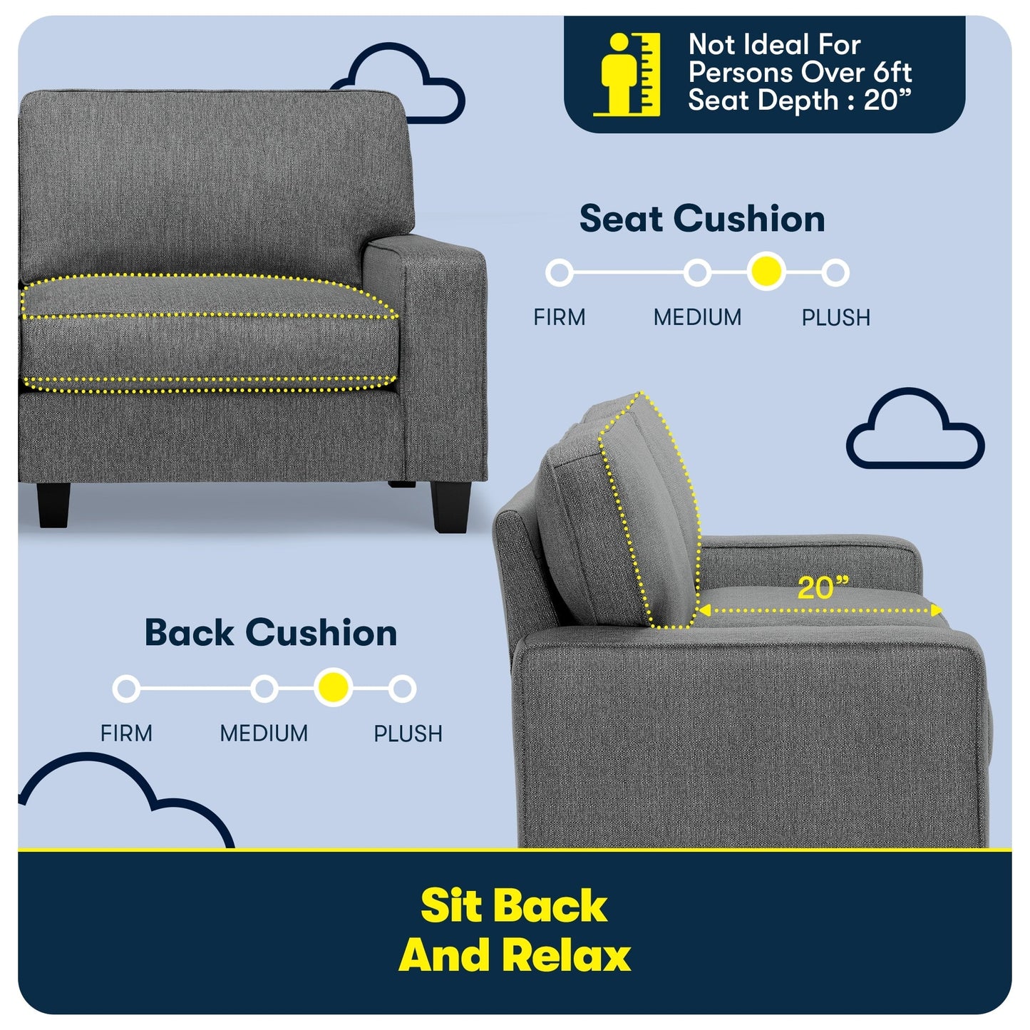 Canapé Serta Palisades 73 avec accoudoirs droits, polyester facile d'entretien, dossier moelleux et coussins d'assise à ressorts ensachés