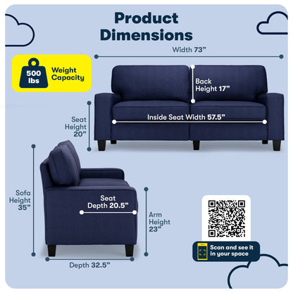 Canapé Serta Palisades 73 avec accoudoirs droits, polyester facile d'entretien, dossier moelleux et coussins d'assise à ressorts ensachés
