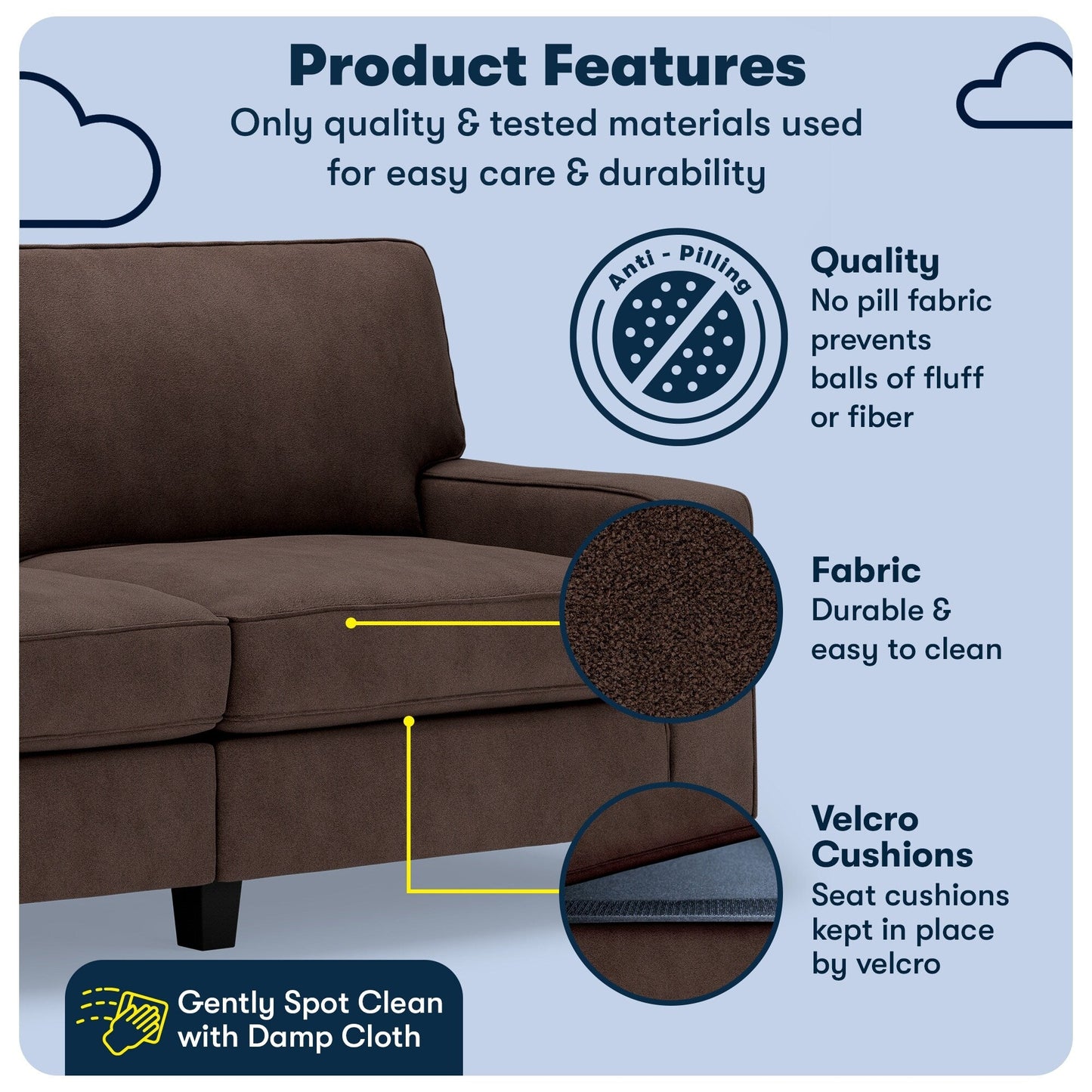Canapé Serta Palisades 73 avec accoudoirs droits, polyester facile d'entretien, dossier moelleux et coussins d'assise à ressorts ensachés