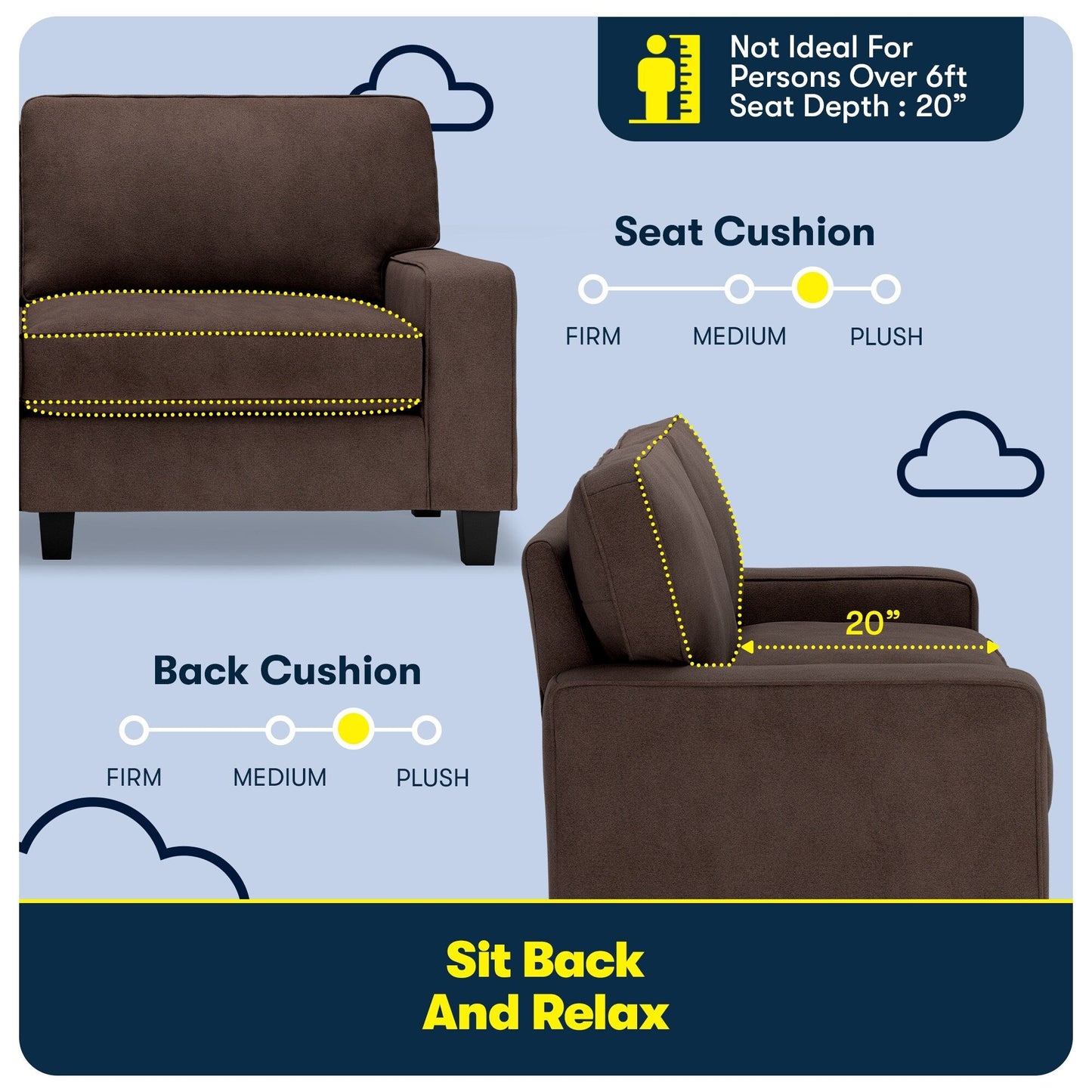 Canapé Serta Palisades 73 avec accoudoirs droits, polyester facile d'entretien, dossier moelleux et coussins d'assise à ressorts ensachés