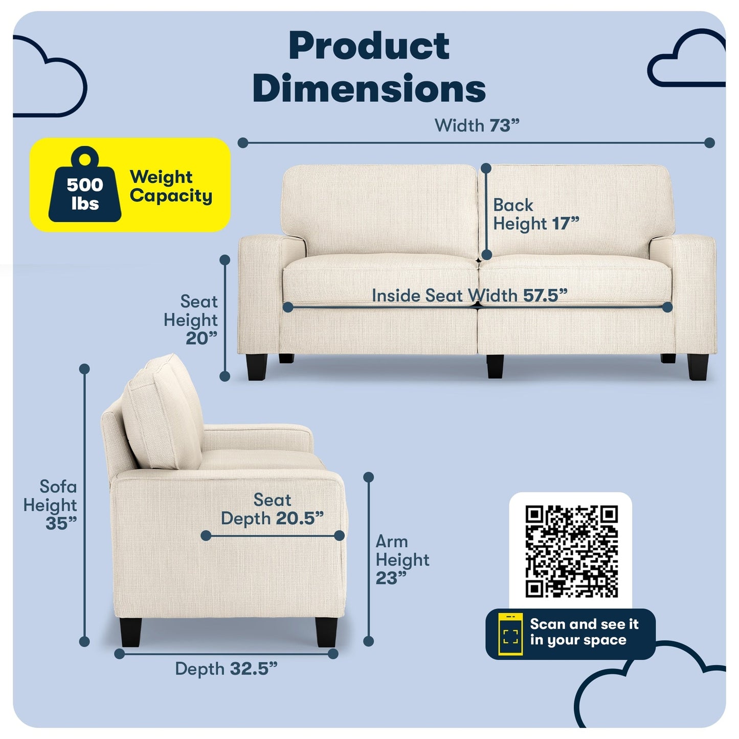 Canapé Serta Palisades 73 avec accoudoirs droits, polyester facile d'entretien, dossier moelleux et coussins d'assise à ressorts ensachés