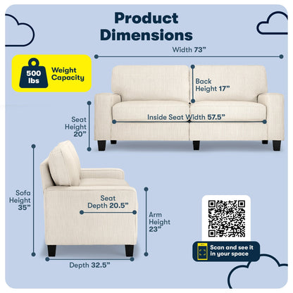 Canapé Serta Palisades 73 avec accoudoirs droits, polyester facile d'entretien, dossier moelleux et coussins d'assise à ressorts ensachés