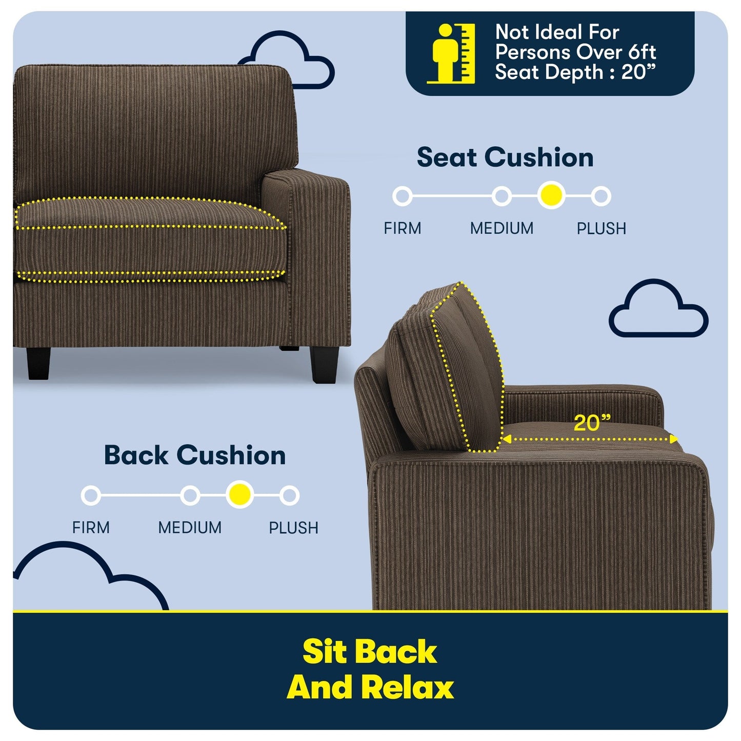 Canapé Serta Palisades 73 avec accoudoirs droits, polyester facile d'entretien, dossier moelleux et coussins d'assise à ressorts ensachés