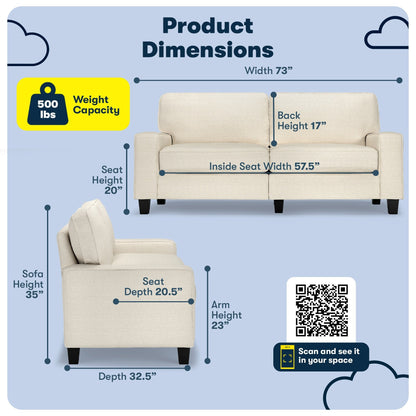 Canapé Serta Palisades 73 avec accoudoirs droits, polyester facile d'entretien, dossier moelleux et coussins d'assise à ressorts ensachés