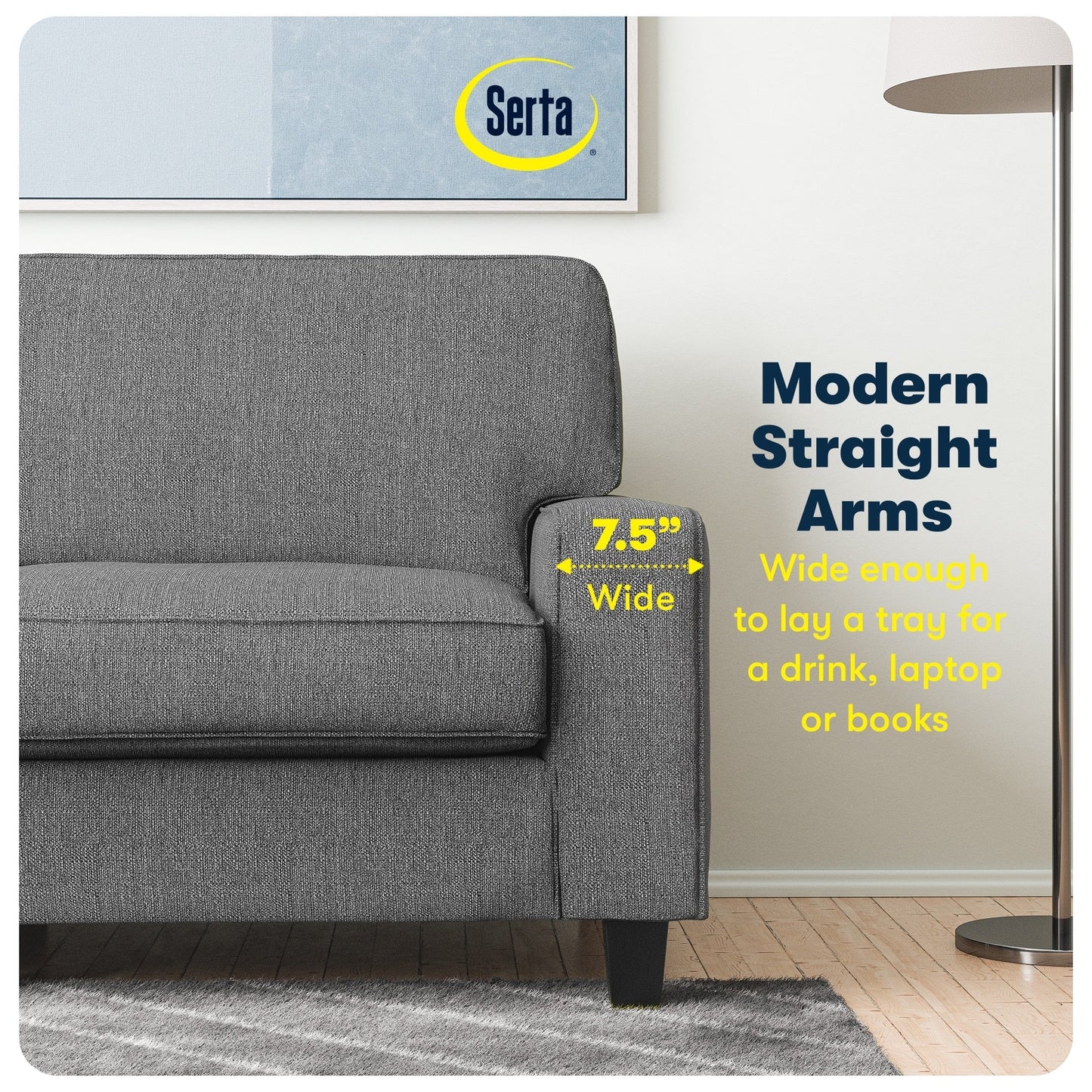 Canapé Serta Palisades 73 avec accoudoirs droits, polyester facile d'entretien, dossier moelleux et coussins d'assise à ressorts ensachés