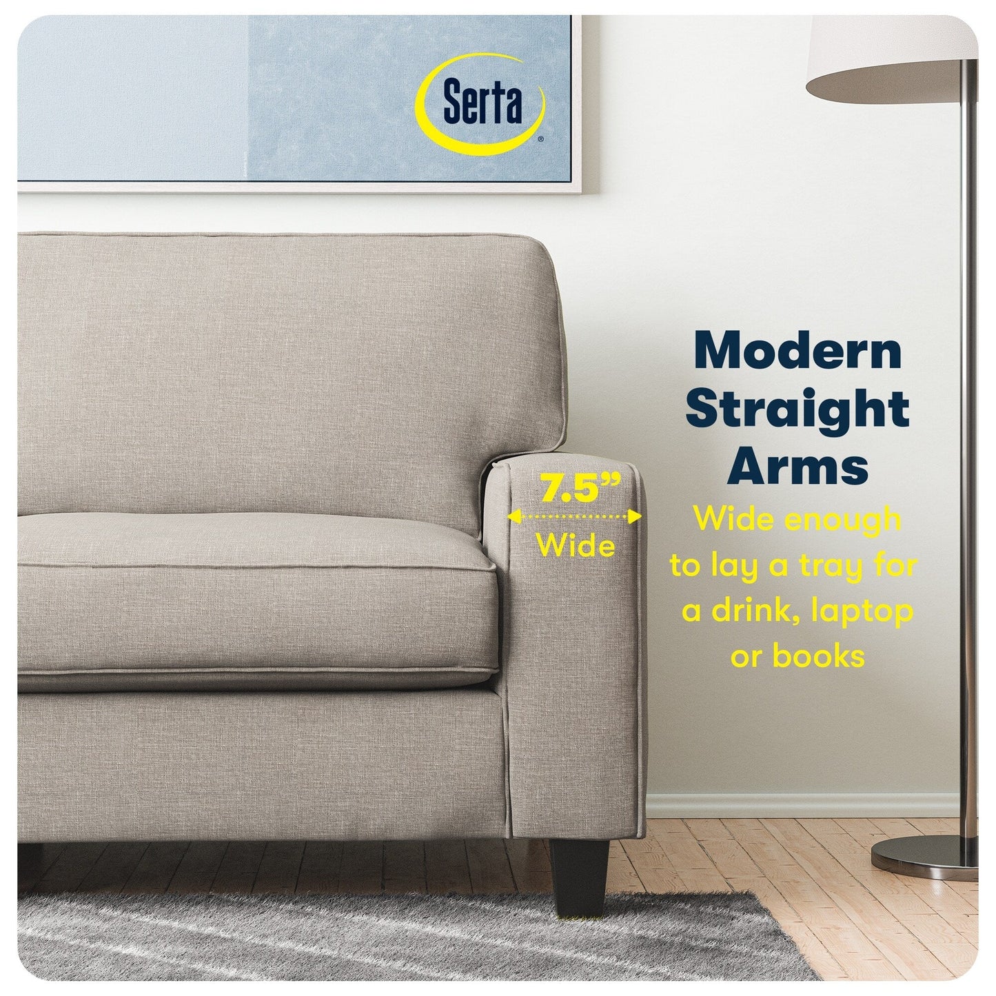 Canapé Serta Palisades 73 avec accoudoirs droits, polyester facile d'entretien, dossier moelleux et coussins d'assise à ressorts ensachés