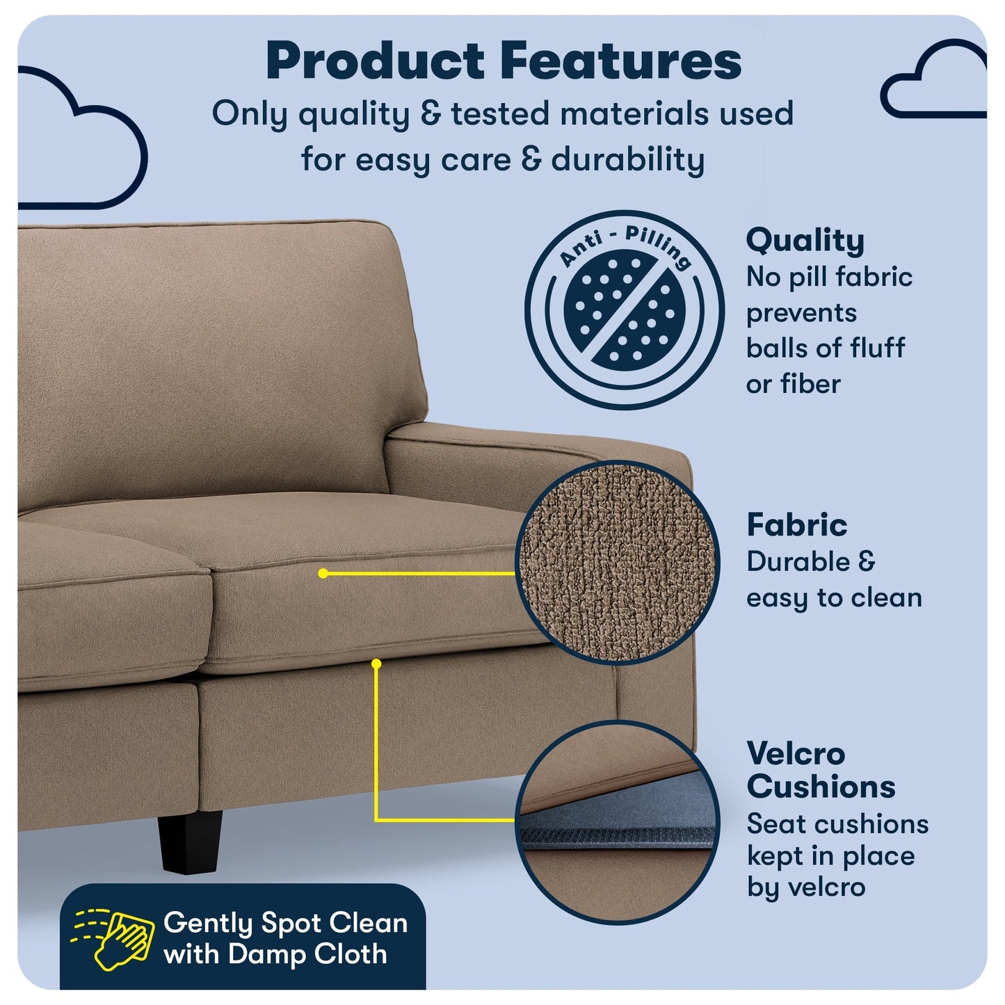 Canapé Serta Palisades 73 avec accoudoirs droits, polyester facile d'entretien, dossier moelleux et coussins d'assise à ressorts ensachés