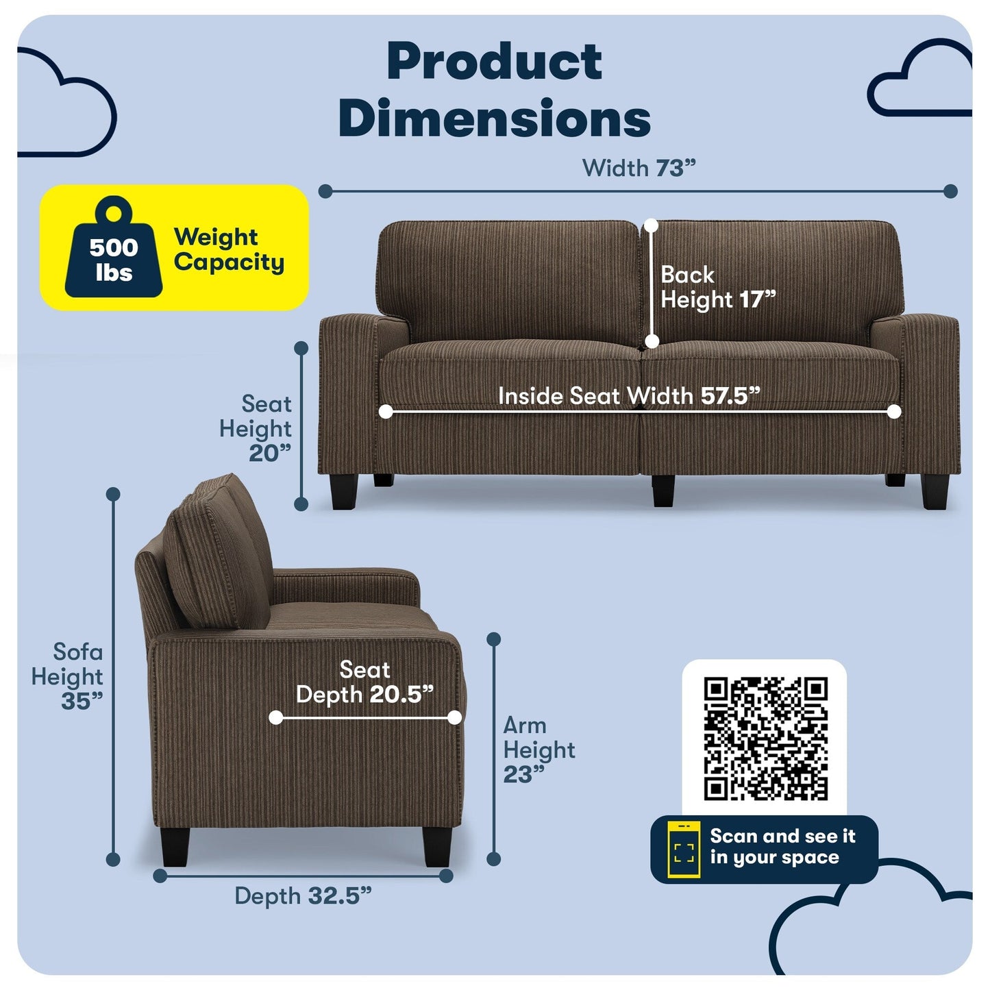 Canapé Serta Palisades 73 avec accoudoirs droits, polyester facile d'entretien, dossier moelleux et coussins d'assise à ressorts ensachés