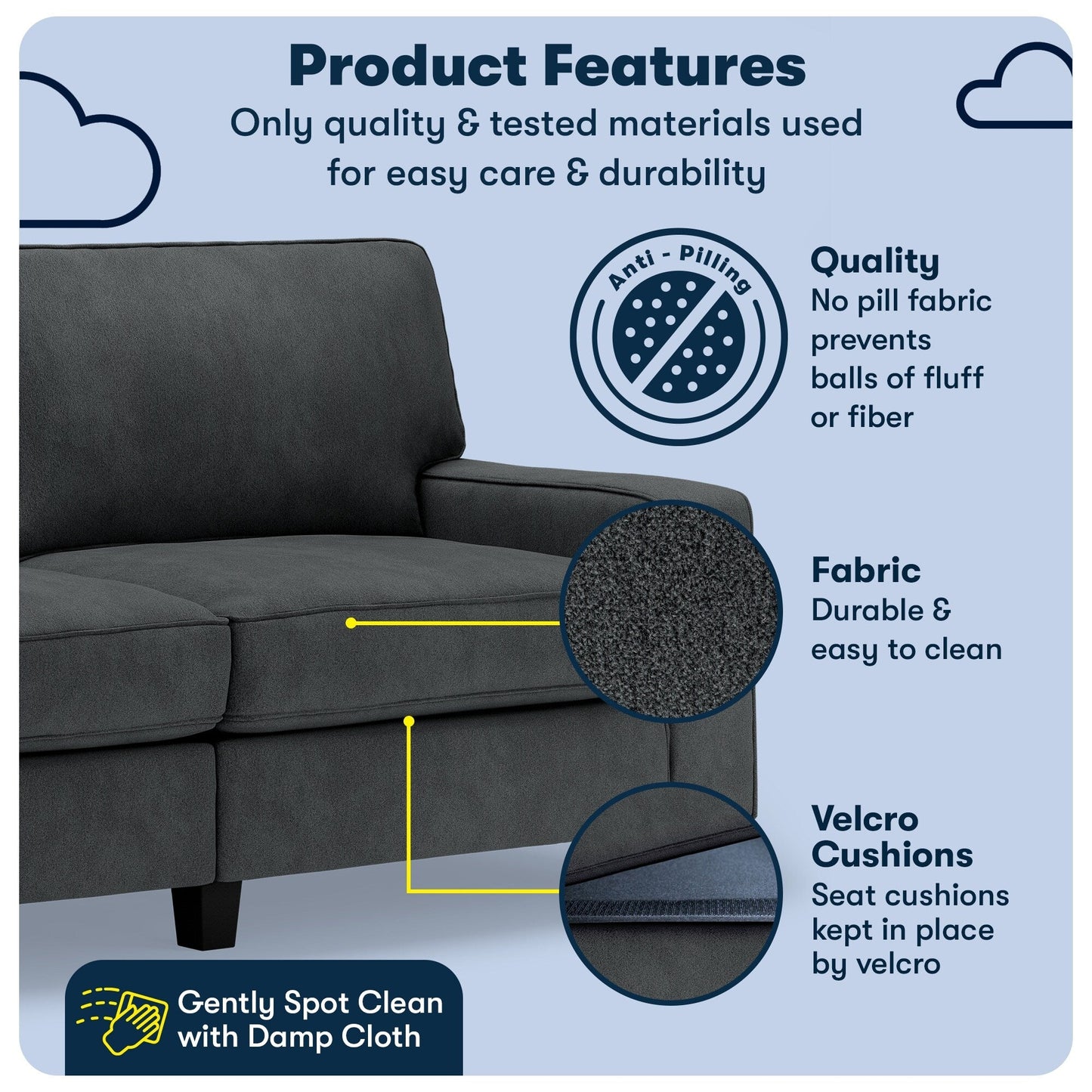 Canapé Serta Palisades 73 avec accoudoirs droits, polyester facile d'entretien, dossier moelleux et coussins d'assise à ressorts ensachés
