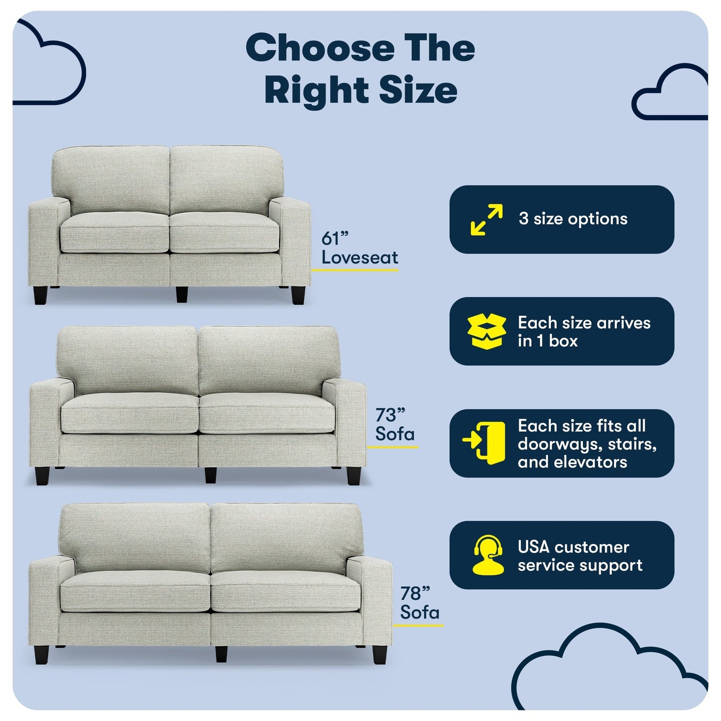 Canapé Serta Palisades 73 avec accoudoirs droits, polyester facile d'entretien, dossier moelleux et coussins d'assise à ressorts ensachés