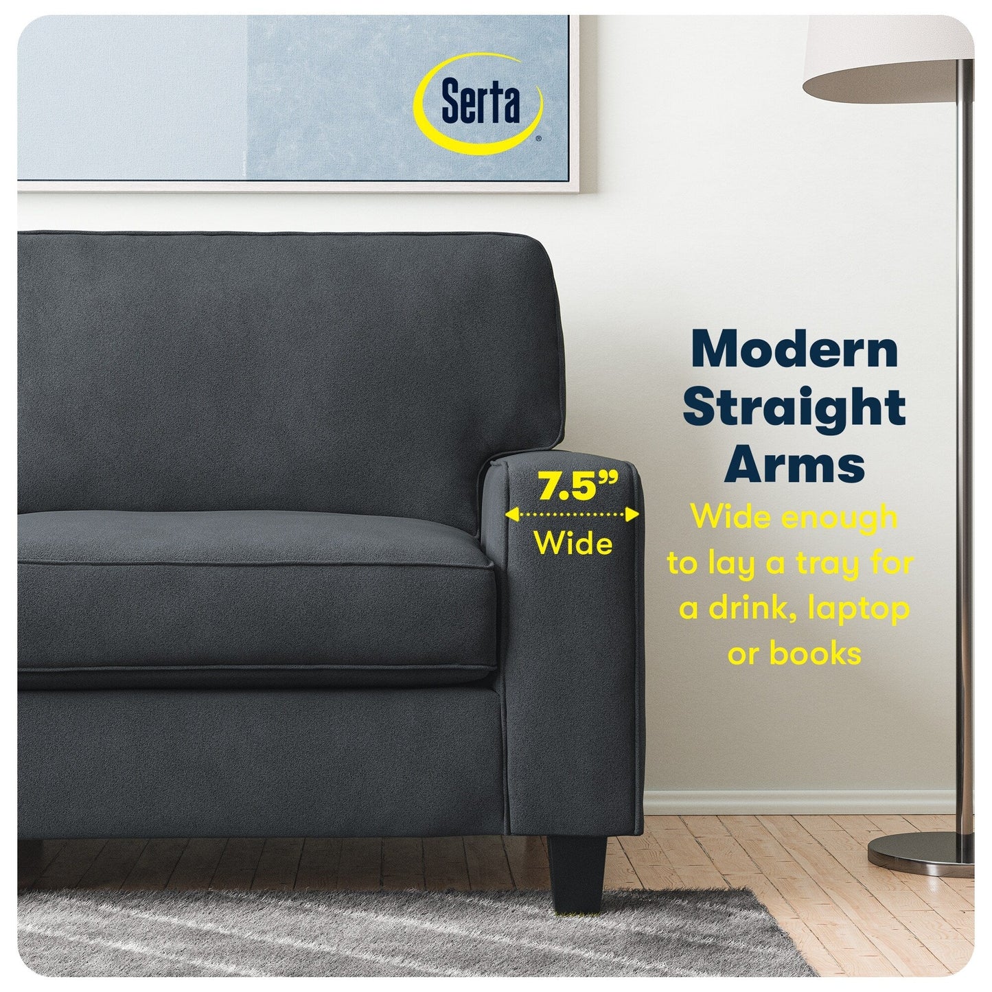 Canapé Serta Palisades 73 avec accoudoirs droits, polyester facile d'entretien, dossier moelleux et coussins d'assise à ressorts ensachés