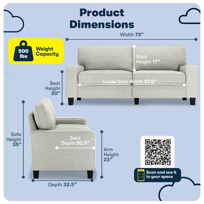 Canapé Serta Palisades 73 avec accoudoirs droits, polyester facile d'entretien, dossier moelleux et coussins d'assise à ressorts ensachés
