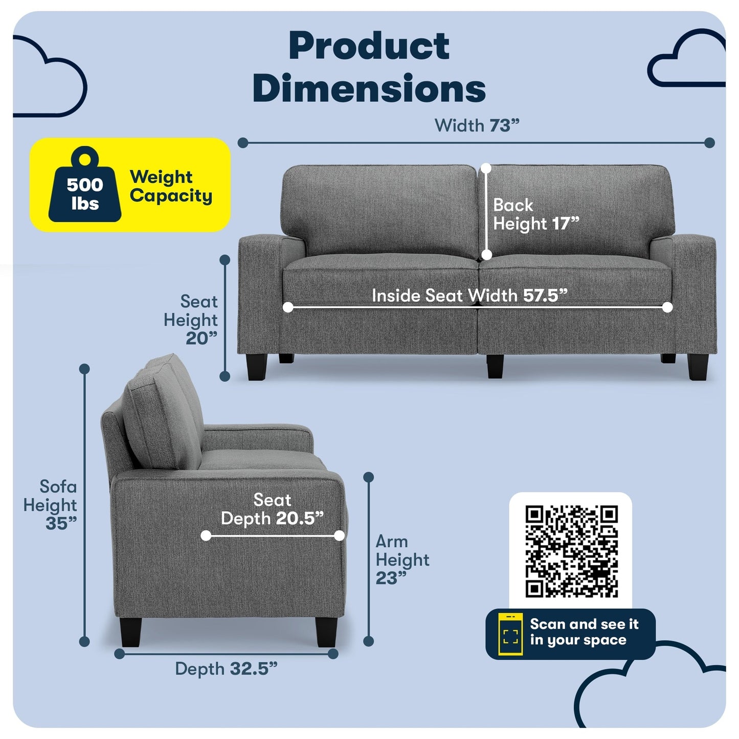 Canapé Serta Palisades 73 avec accoudoirs droits, polyester facile d'entretien, dossier moelleux et coussins d'assise à ressorts ensachés