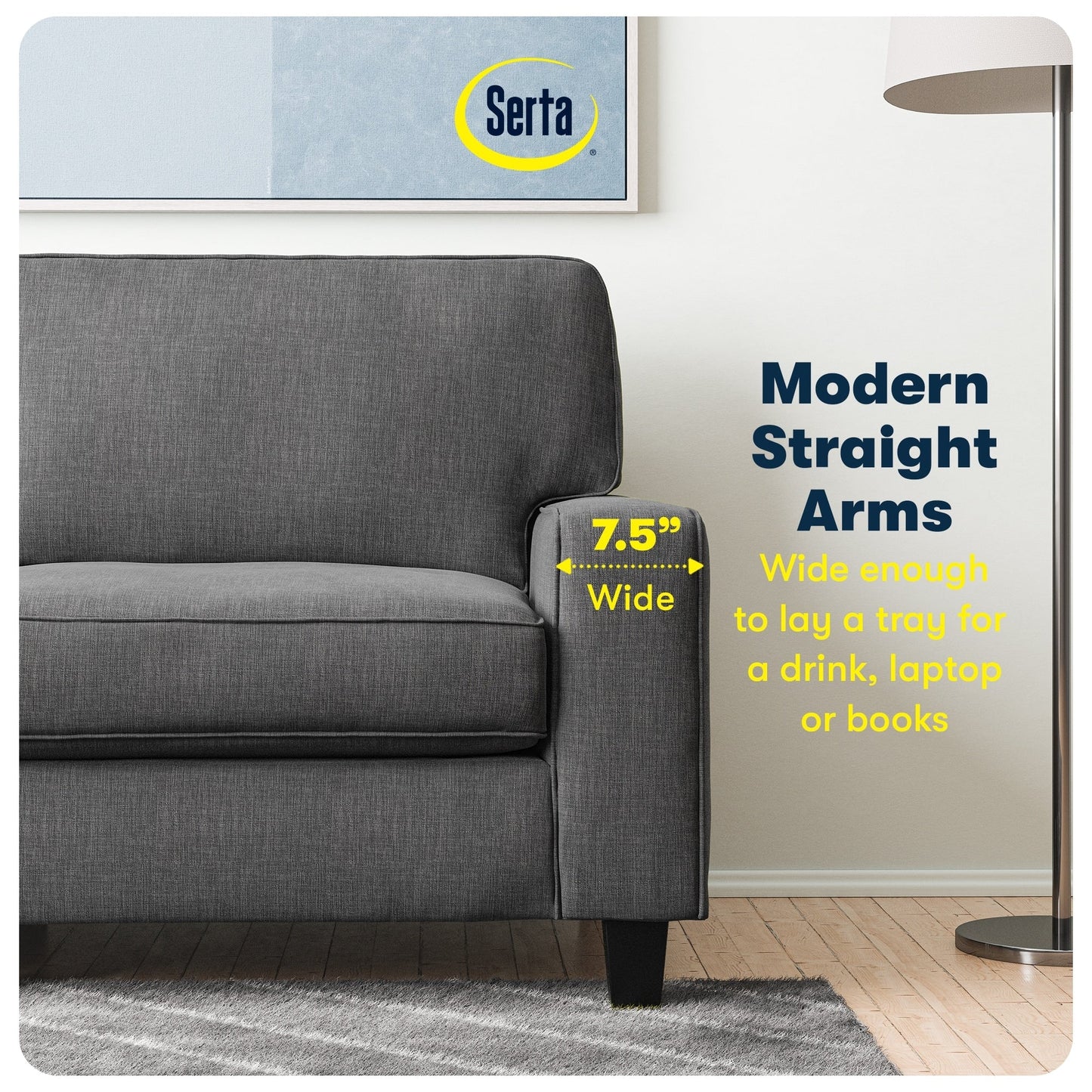 Canapé Serta Palisades 73 avec accoudoirs droits, polyester facile d'entretien, dossier moelleux et coussins d'assise à ressorts ensachés