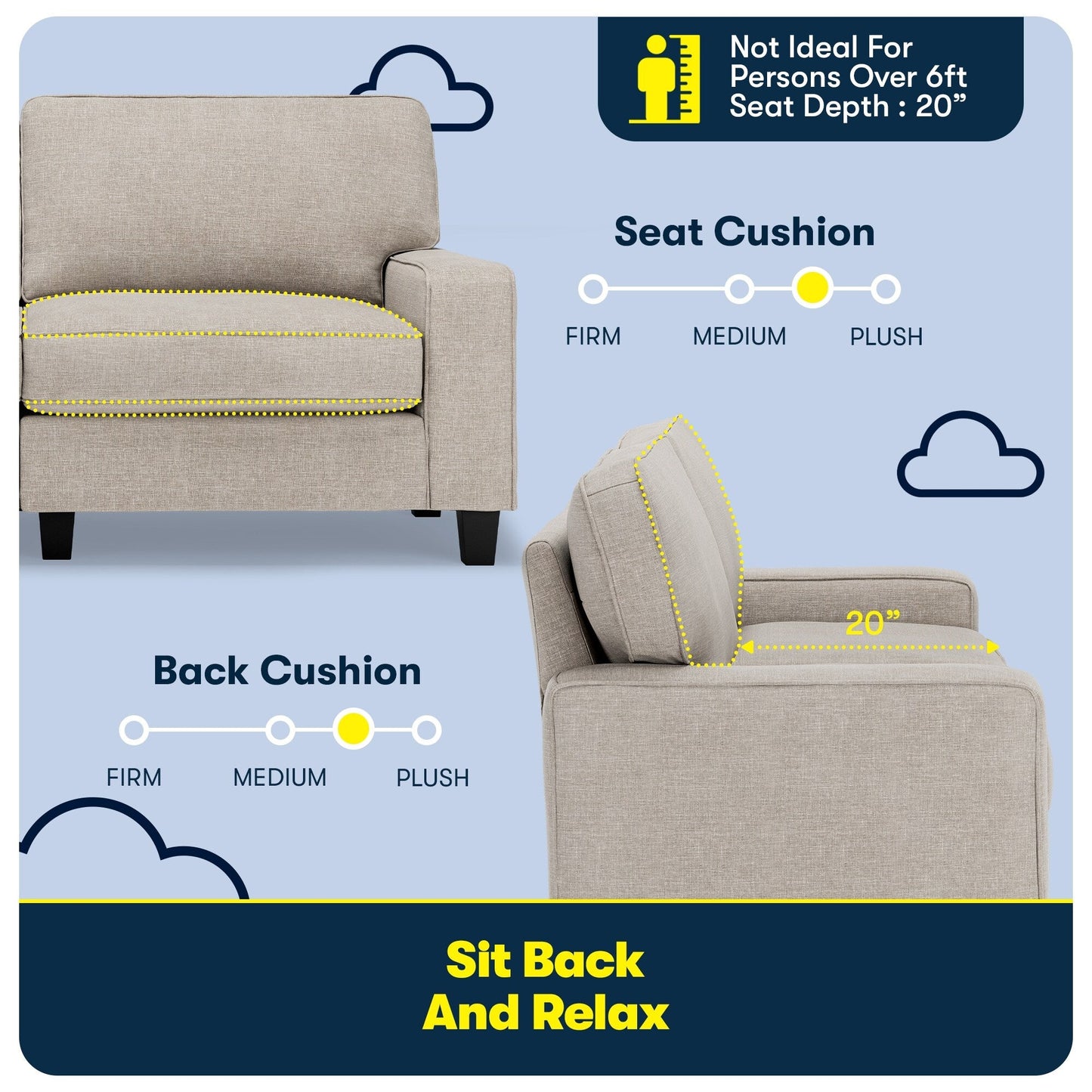 Canapé Serta Palisades 73 avec accoudoirs droits, polyester facile d'entretien, dossier moelleux et coussins d'assise à ressorts ensachés