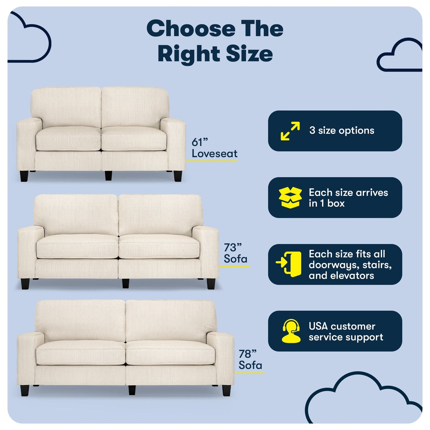 Canapé Serta Palisades 73 avec accoudoirs droits, polyester facile d'entretien, dossier moelleux et coussins d'assise à ressorts ensachés