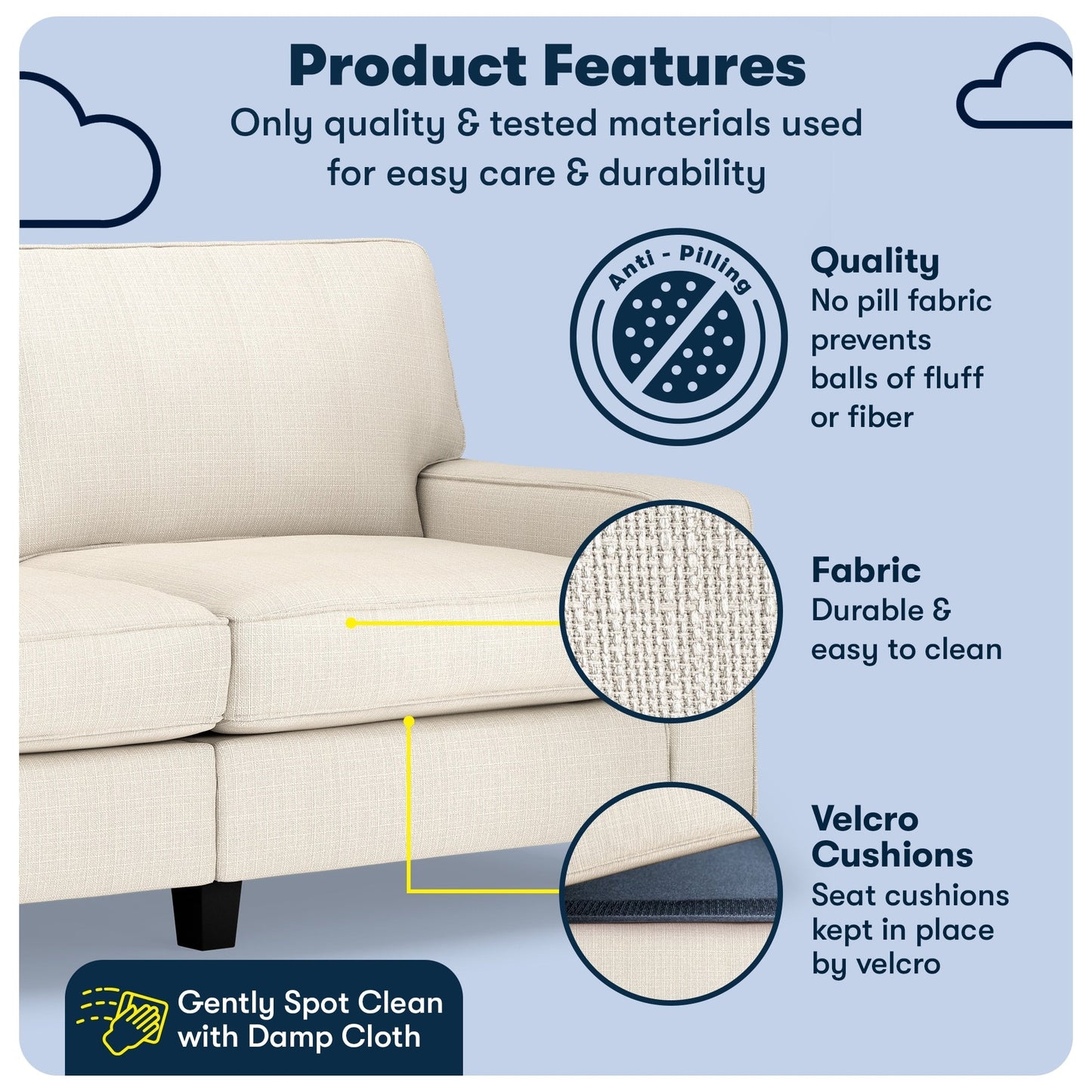 Canapé Serta Palisades 73 avec accoudoirs droits, polyester facile d'entretien, dossier moelleux et coussins d'assise à ressorts ensachés